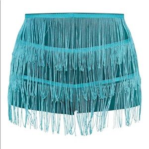 Dusty Turquoise Tiered Fringe Shorts